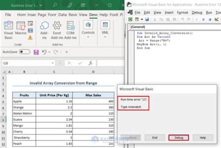 How do I fix Runtime Error 13 type mismatch in Excel?